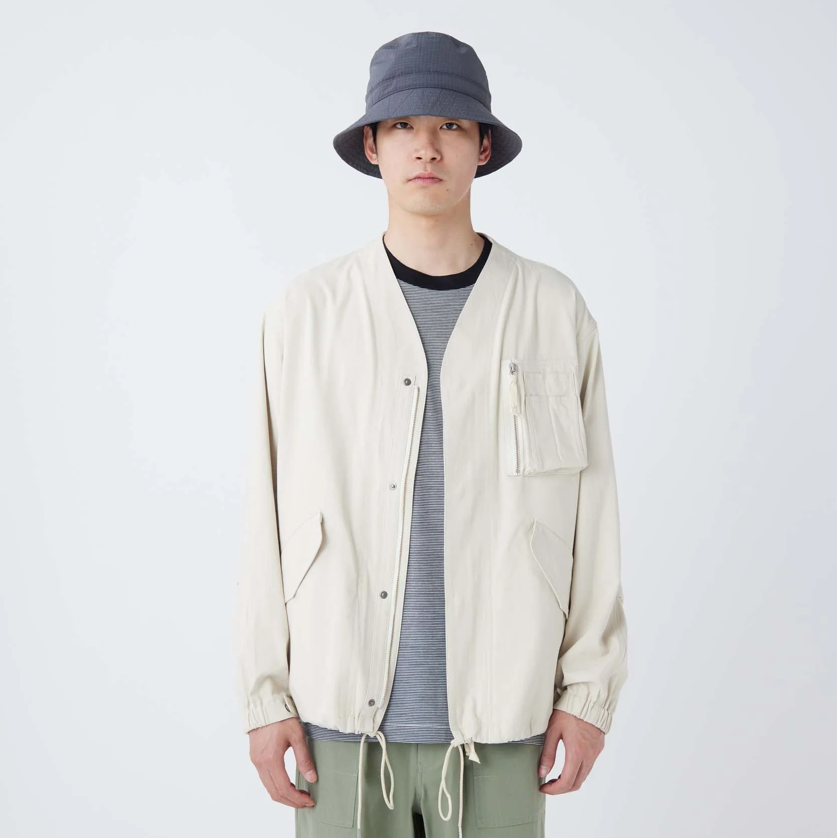 TAKIBI Herringbone Collarless Jacket - Image 9